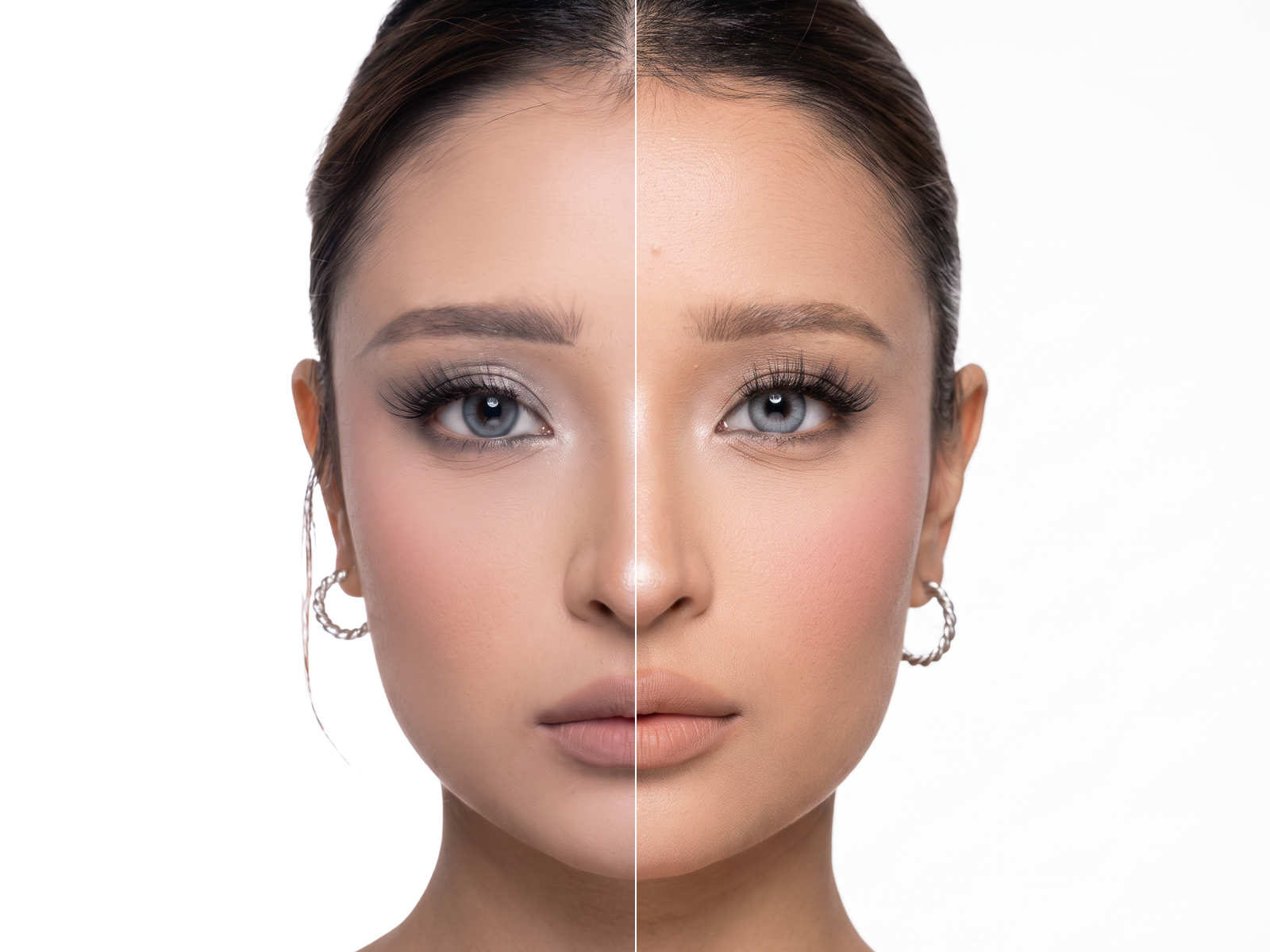 Split-face model comparing centered doll-eye lashes with elongated foxy lashes.