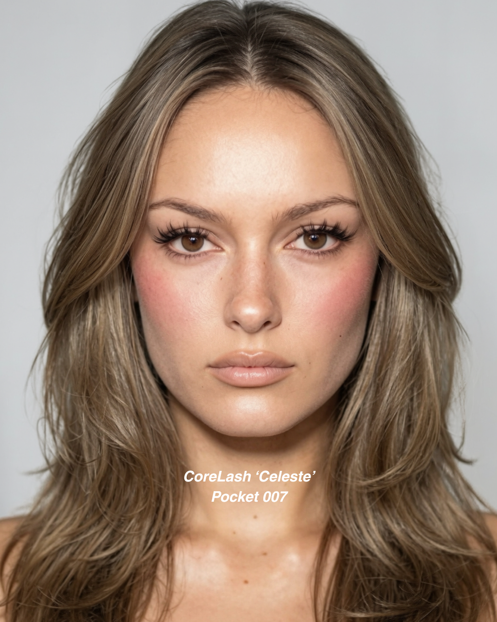 Model showcase poster featuring CoreLash Pocket 007 lashes with a plush 3D Fluffy Doll effect