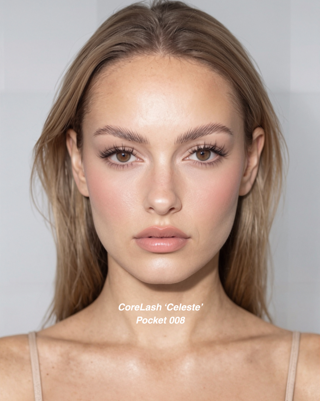 Model showcase poster featuring CoreLash Pocket 008 lashes with a soft Natural Fluffy Doll effect