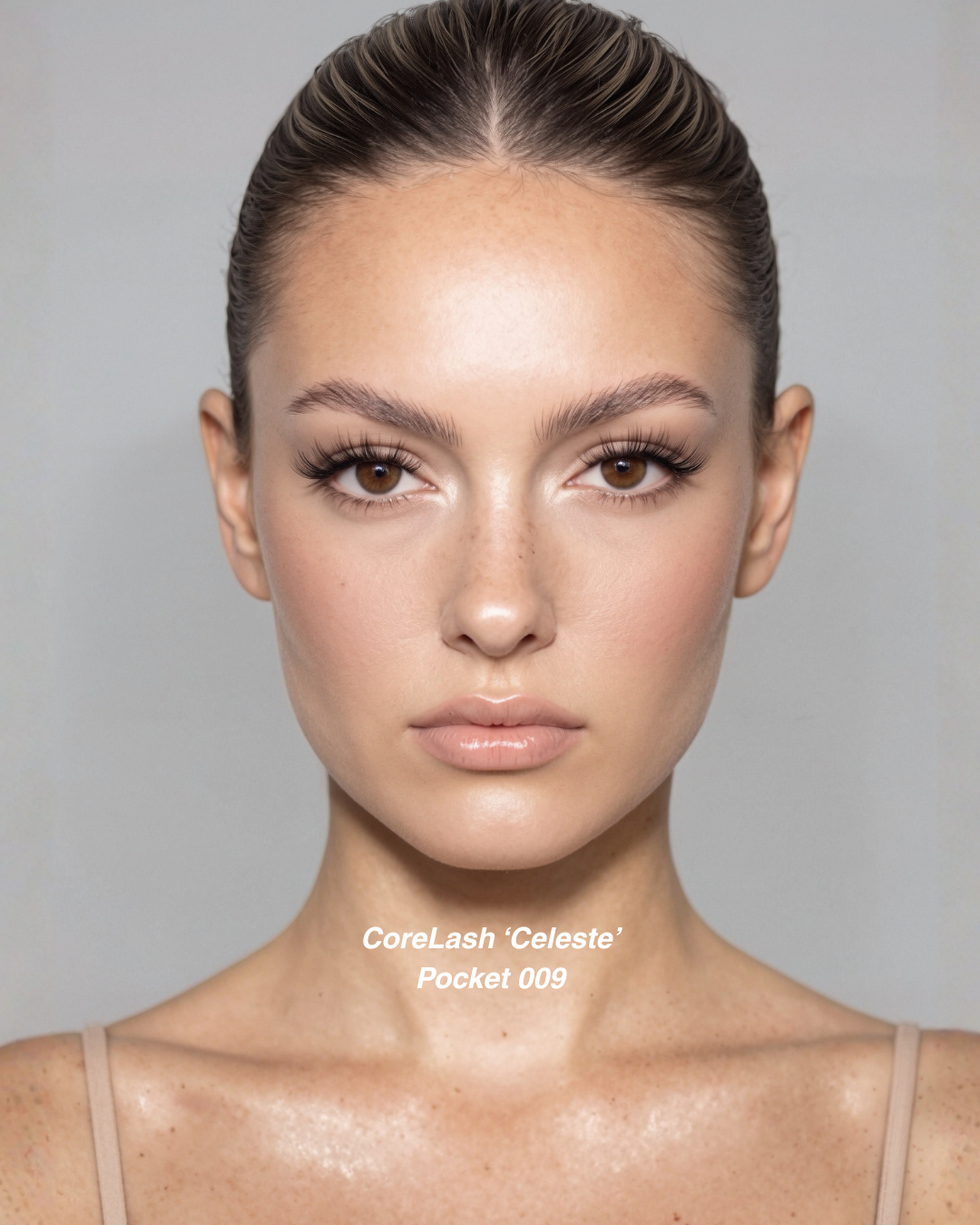 Model showcase poster featuring CoreLash Pocket 009 lashes with a customizable Fluffy effect