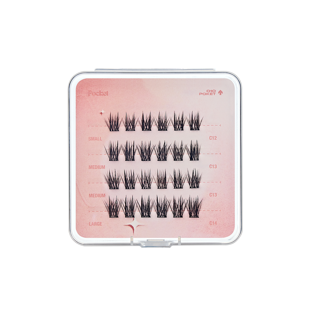 Open CoreLash Pocket 010 case showing Feathered Natural DIY lash clusters inside
