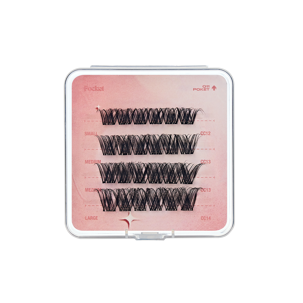 Open CoreLash Pocket 011 case showing Airy Wispy DIY lash clusters inside