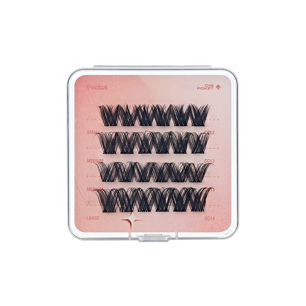 Open CoreLash Pocket 012 case showing Natural Wispy DIY lash clusters inside