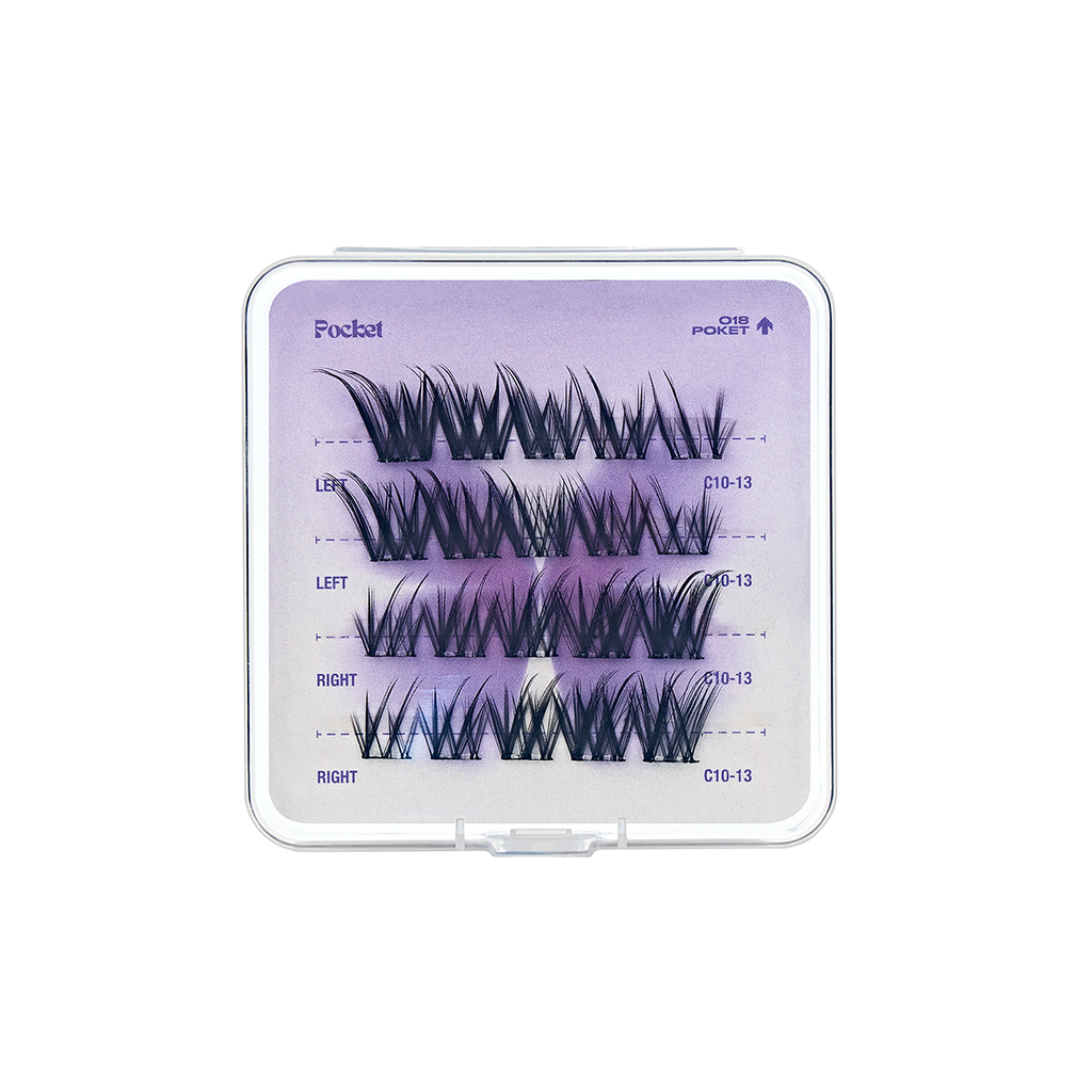 Open CoreLash Pocket 018 case showing Siren Gaze Wispy Foxy lash clusters inside