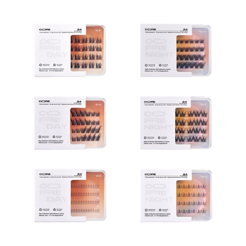 CoreLash Discover Set packaging on a white background, includes all six of our bestselling self-adhesive lash clusters with Day and Night styles. Easy to apply, no glue needed.