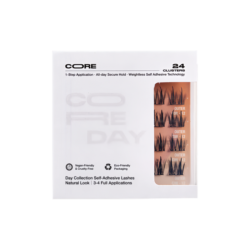 Packaging of CoreLash Day 001 Pocket self-adhesive lashes create a spike doll lash look. 24 clusters, 4 wears, easy to apply, no glue needed. 