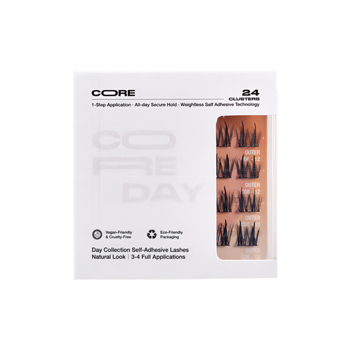 Packaging of CoreLash Day 001 Pocket self-adhesive lashes create a spike doll lash look. 24 clusters, 4 wears, easy to apply, no glue needed. 