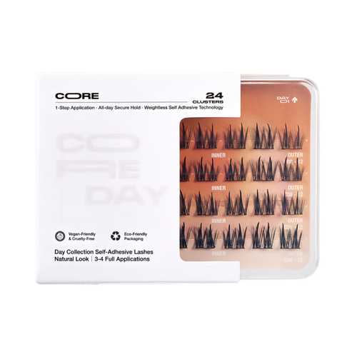 Package of CoreLash Day 001 Pocket self-adhesive lashes create a spike doll lash look. 24 clusters, 4 wears, easy to apply, no glue needed.