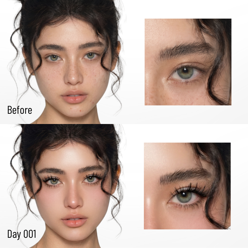 Before and after comparison of a woman's face with close-up details on eyes and eyebrows wears CoreLash Day 001 Pocket self-adhesive lashes create a spike doll lash look. 