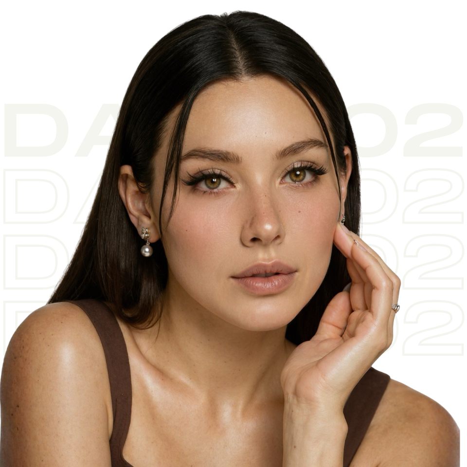 Woman with Day 002 creates a lifted fox-eye effect with soft spikes and tapered outer-edge definition. These self-adhesive lashes add sleek shape, light volume, and modern detail for a confident daytime glam look. Easy to apply and lightweight for all-day comfort.