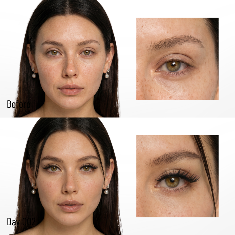 Before and after comparison of a woman's face with CoreLash Day 002 Pocket self-adhesive lashes create a spike foxy lashes look.