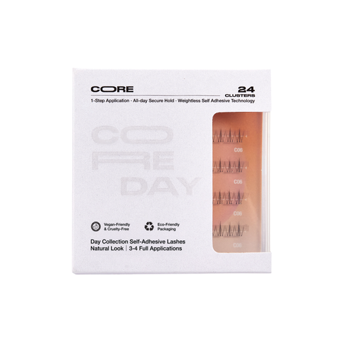 Packaging of CoreLash Day 003 Pocket self-adhesive lashes create a natural doll lower lashes look. 24 clusters, 4 wears, easy to apply, no glue needed. 