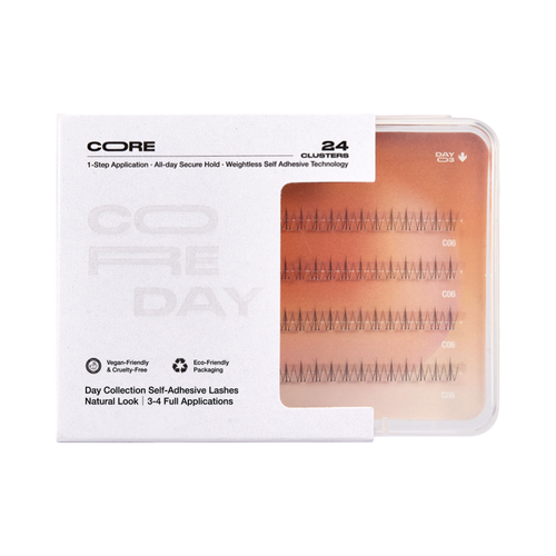 Packaging of CoreLash Day 003 Pocket self-adhesive lashes create a natural doll lower lashes look. 24 clusters, 4 wears, easy to apply, no glue needed. 