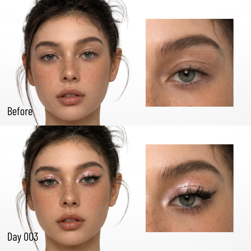 Before and after of a woman with CoreLash Day 003 Pocket self-adhesive lashes create a natural doll lower lashes look. 