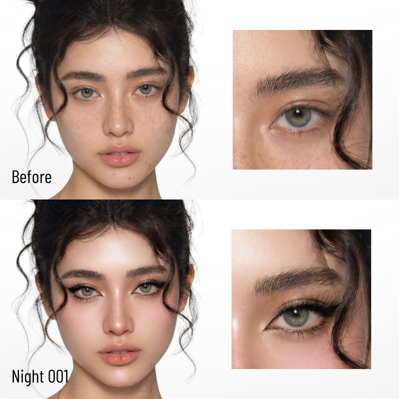 Before and after comparison of a woman's face with CoreLash Night 001 Pocket self-adhesive lashes create a soft DIY wispy lash look.