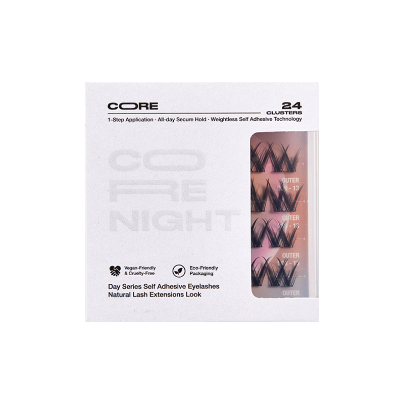 Package of CoreLash Night 002 Pocket self-adhesive lashes create a bold spiked edges look with smoky glam volume. 24 clusters, 4 wears, easy to apply, no glue needed. 