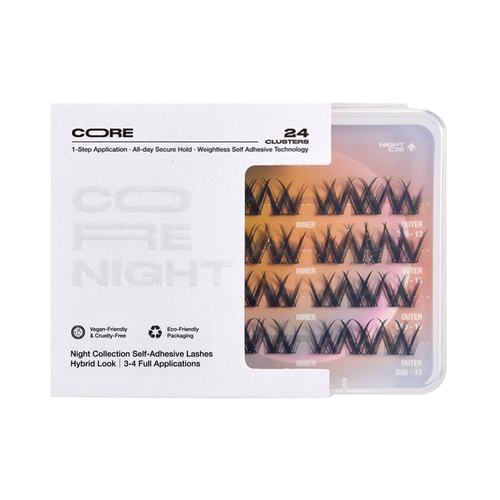Package of CoreLash Night 002 Pocket self-adhesive lashes create a bold spiked edges look with smoky glam volume. 24 clusters, 4 wears, easy to apply, no glue needed. 
