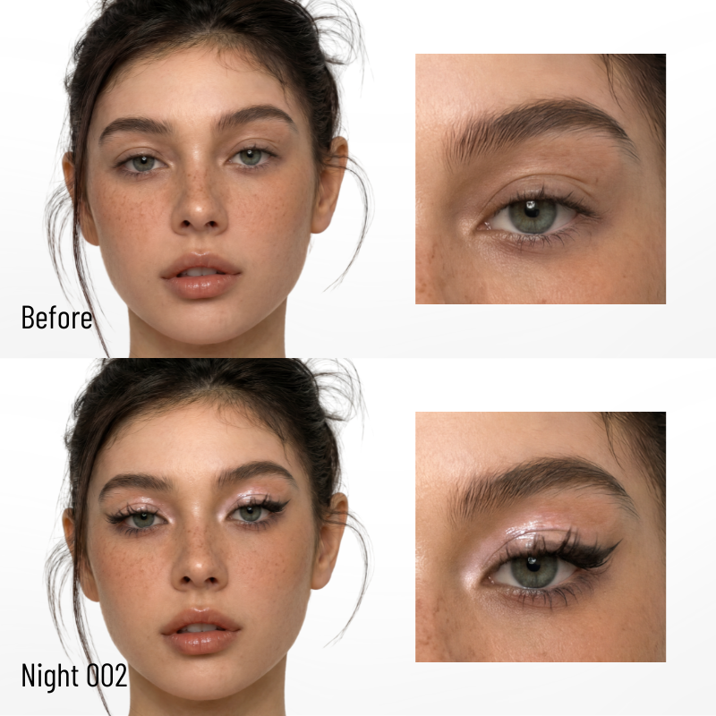 Before and after comparison of eye makeup with CoreLash Night 002 Pocket self-adhesive lashes create a bold spiked edges look.