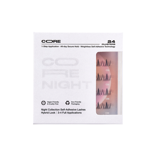 Package of CoreLash Night 003 Pocket self-adhesive lashes create a sharp spike doll lower-lash look. 24 clusters, 4 wears, easy to apply, no glue needed.