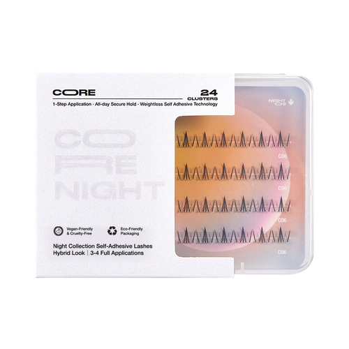 Package of CoreLash Night 003 Pocket self-adhesive lashes create a sharp spike doll lower-lash look. 24 clusters, 4 wears, easy to apply, no glue needed.