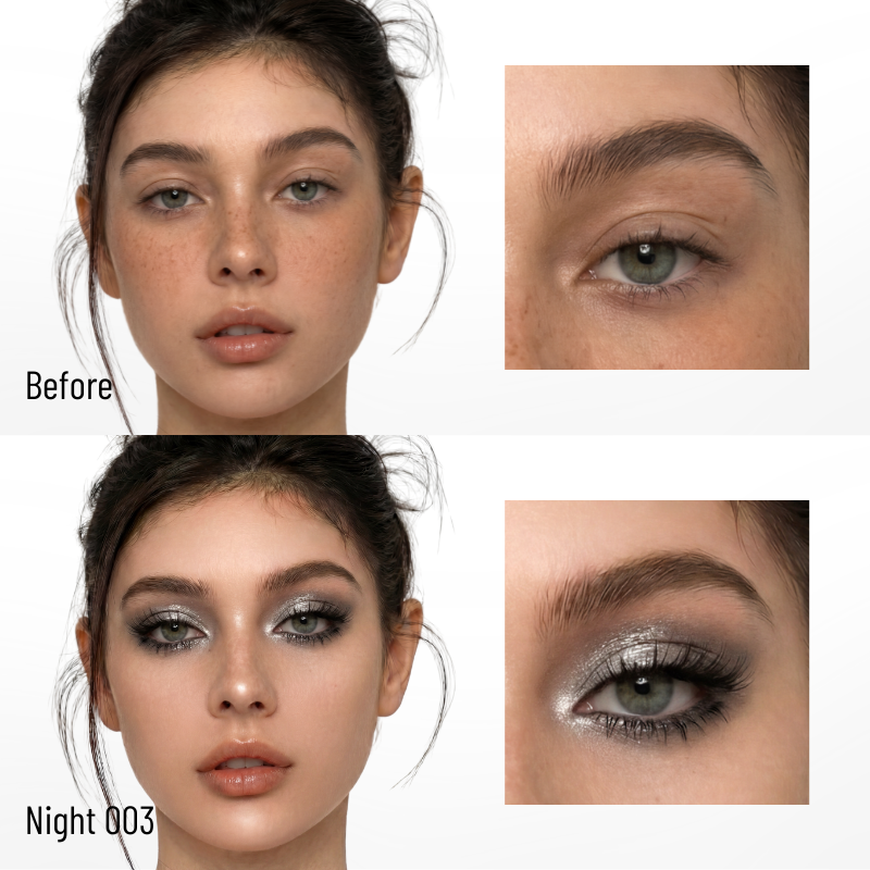 Before and after makeup comparison with CoreLash Night 003 Pocket self-adhesive lashes create a sharp spike doll lower-lash look. 
