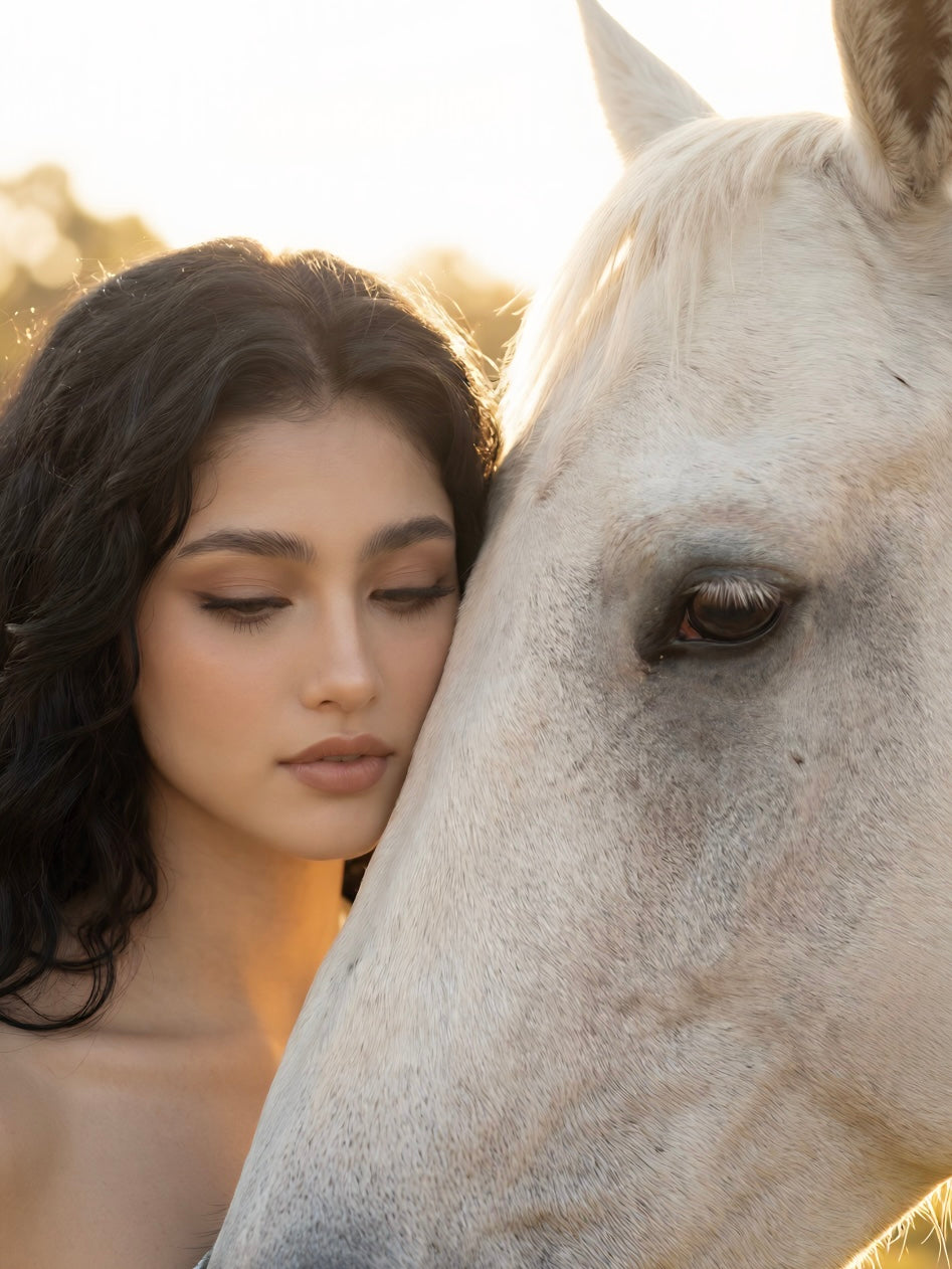 Elegant outdoor portrait of a woman with long dark wavy hair posing beside a white horse in warm golden sunlight. She wears soft glam makeup featuring CoreLash wispy lashes and natural beauty styling, creating a serene and dreamy aesthetic.