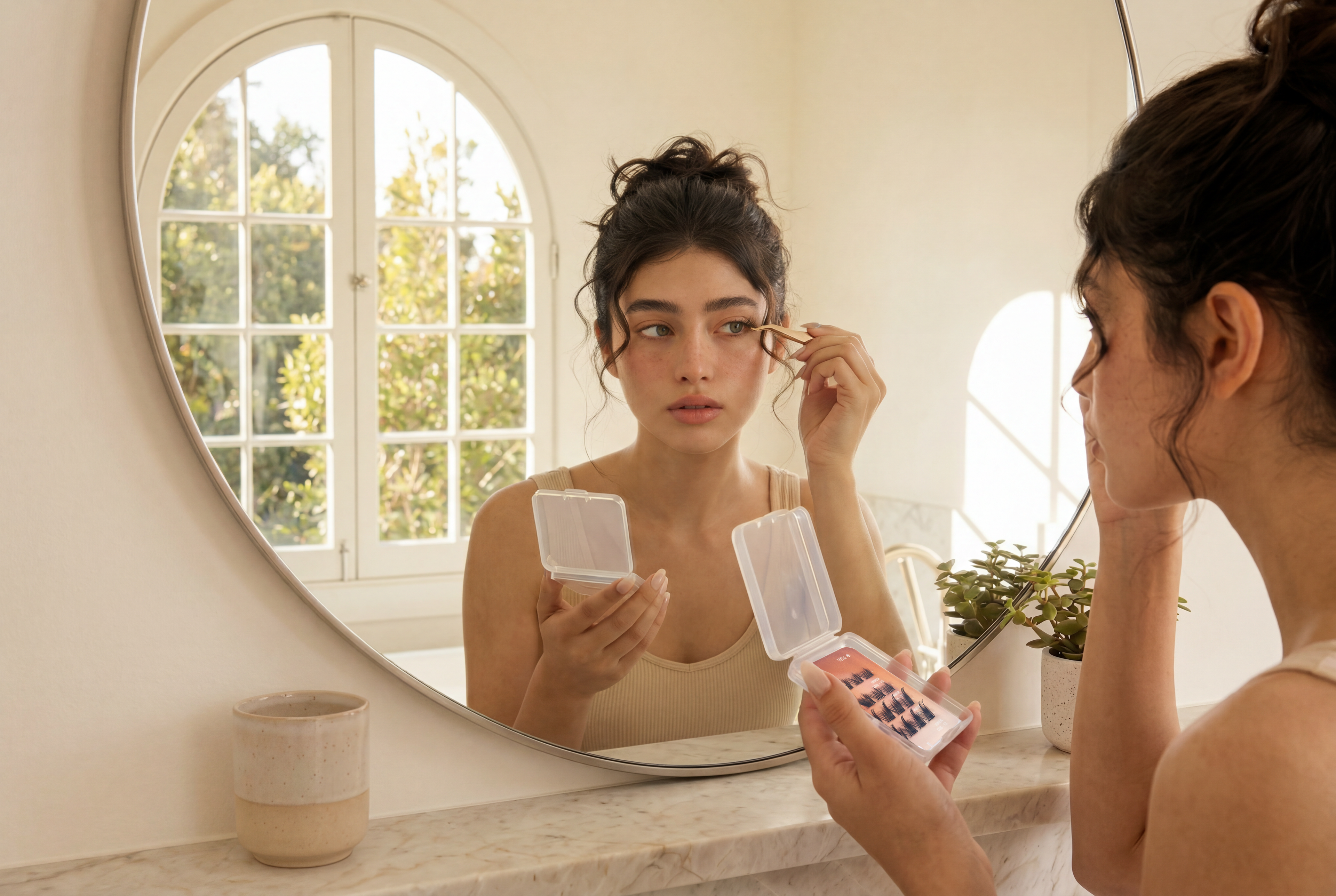Woman applying day 002 self-adhesive lashes in front of a mirror in a bright room with plants.